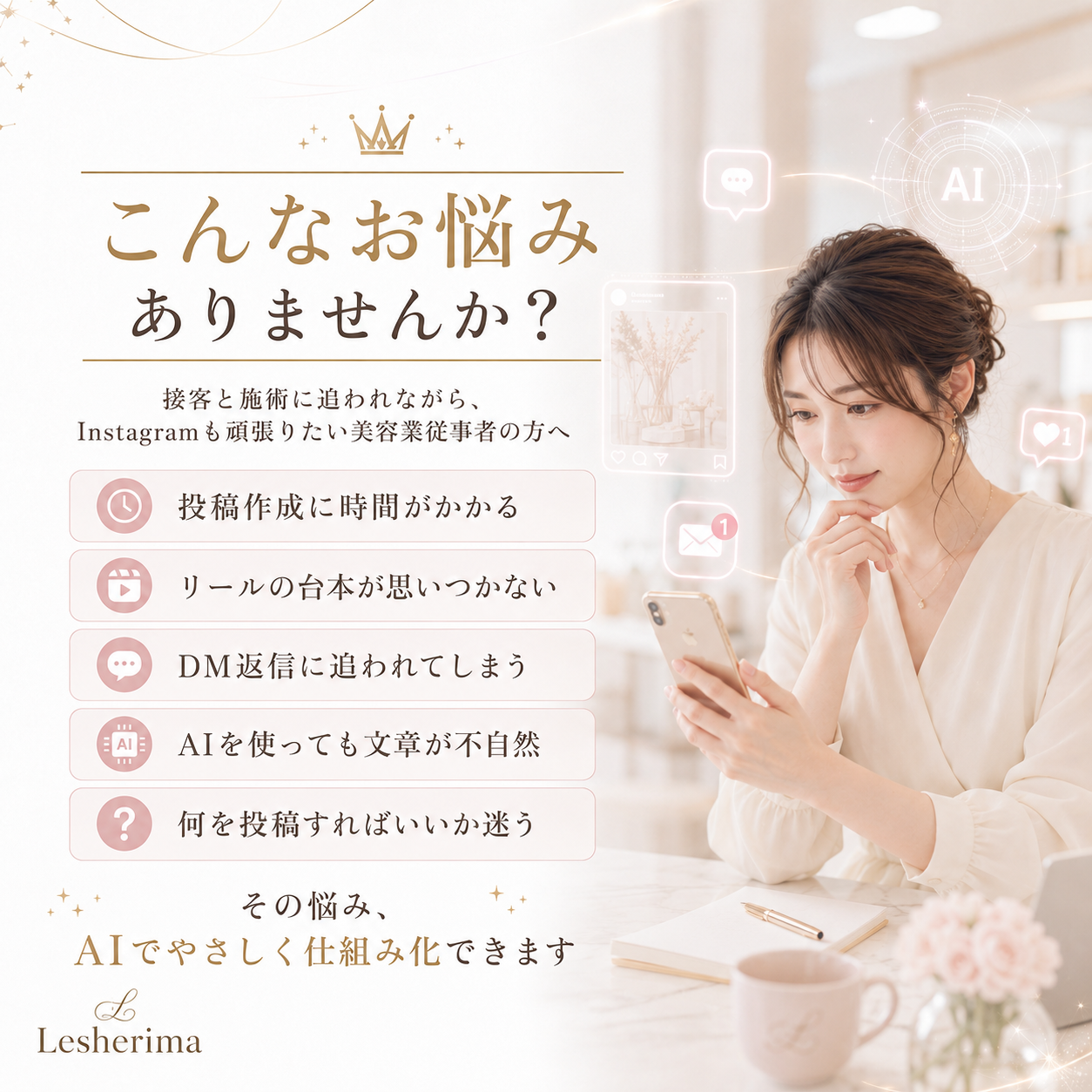 Instagram集客を強化したい美容師、アイリスト、ネイリスト、エステティシャン向けAI Instagram講座のおすすめ対象者画像